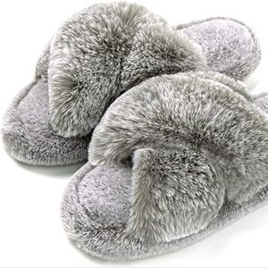 Memory Foam Cross Band Faux Fur Fuzzy Cozy Anti-Skid Slippers
